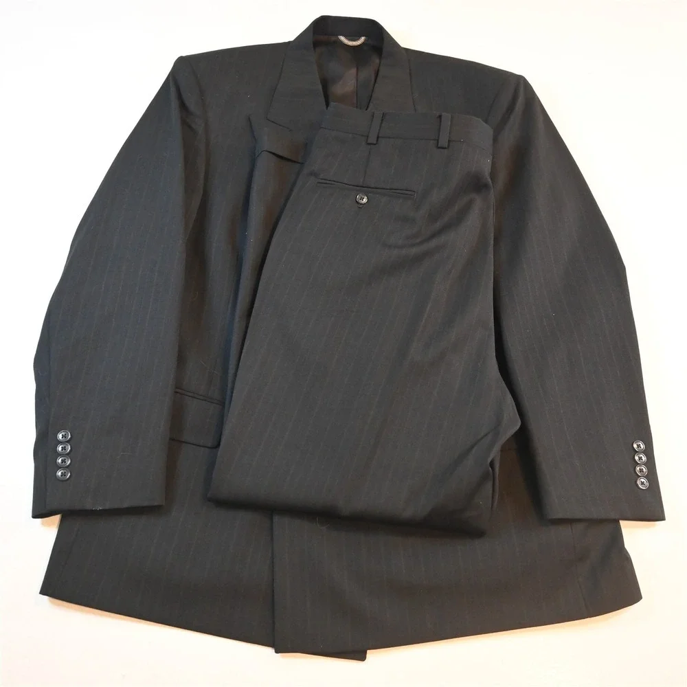 Vtg USA Made Double Breasted 44R 38x30 Black Striped 100% Wool Jacket Pants Suit